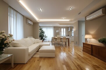 Modern open concept living room design with hardwood floors and white sofa interior design ideas
