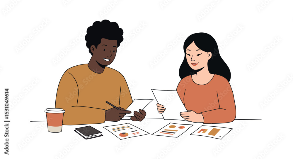 Poster business meeting collaboration with diverse team analyzing data and reports in office environment ve
