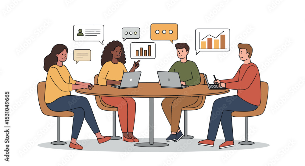Poster team collaboration in modern office setting with data analysis discussion vector illustration