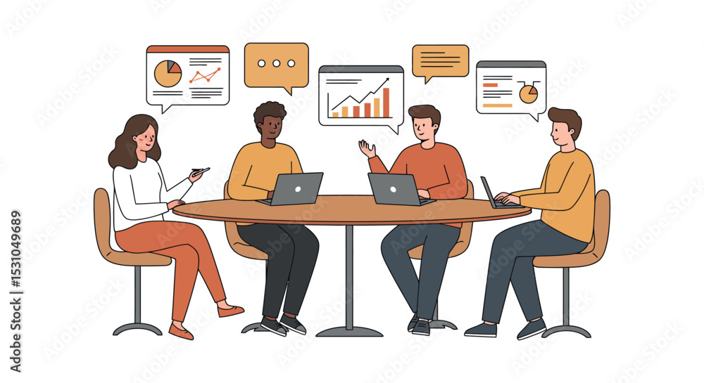 Poster team collaboration and data analysis meeting in a modern office setting vector illustration