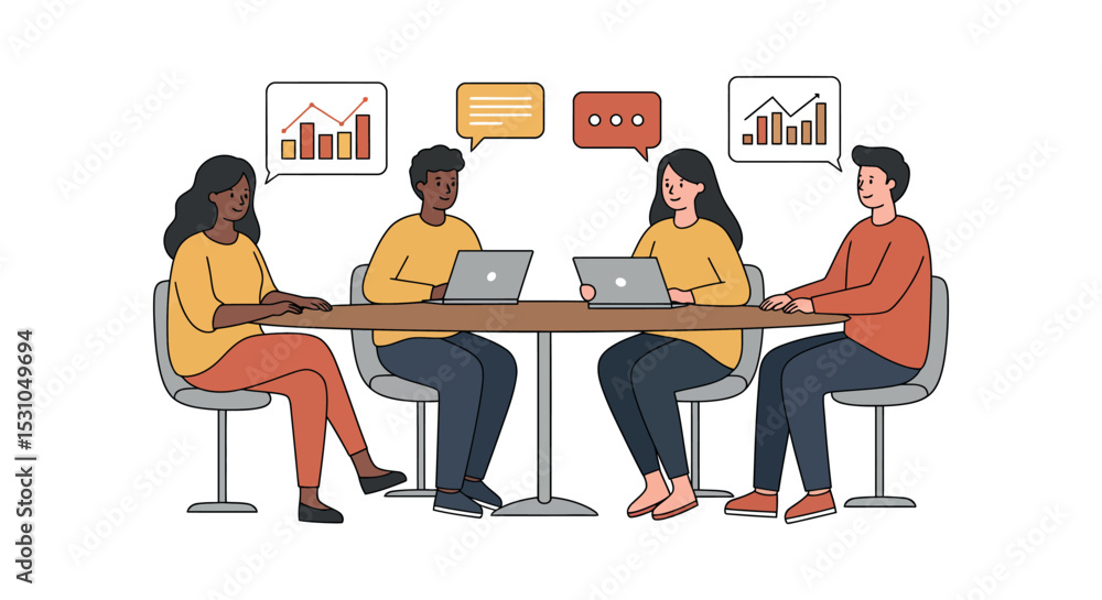Poster team collaboration and data analysis in a business meeting setting vector illustration