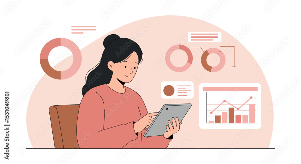 Poster woman using tablet surrounded by graphs and charts for data analysis and business strategy vector il