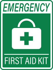 Isolated pictogram icon of emergency first aid kit label, green sticker used for identifying medical supplies and health safety equipment quickly