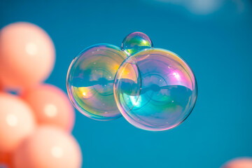 Macro Shot of Glossy, Rainbow-Reflective Soap Bubbles with Pink Bokeh Lights on Turquoise Blue Background – Dreamy & Ethereal