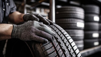 Gloved hands inspecting worn tire tread in workshop