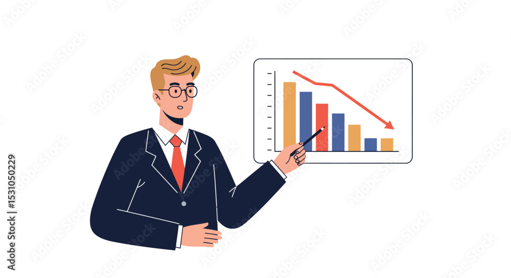Poster business presentation featuring a man analyzing declining sales graph with chart and diagram vector 