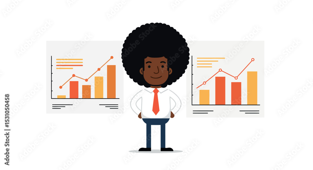 Poster confident professional analyzing data with increasing bar and line charts for business success vecto