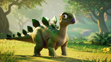 Cartoon dinosaur in lush green forest - Powered by Adobe