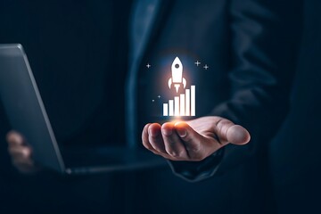 Startup business digital marketing concept. Entrepreneurship launch rocket innovation strategy company growth success plan development business. success.