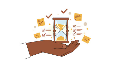 Time management and productivity concept with hourglass and checklist for workflow efficiency design vector illustration