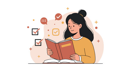 Young woman reading book with checklist and speech bubble for learning and productivity concept vector illustration