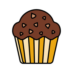 Cupcake Flat design style, a rich chocolate chip cupcake in a paper cup, ideal for birthday, dessert menus, or bakery promotional visuals.