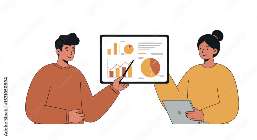 Poster business meeting with data analysis and presentation on graphs and charts vector illustration
