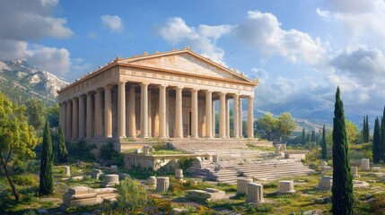 Ancient Greek Temple Amidst Lush Greenery and Majestic Mountains