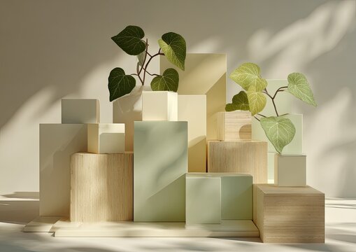Minimalist display with wooden and pastel blocks and greenery