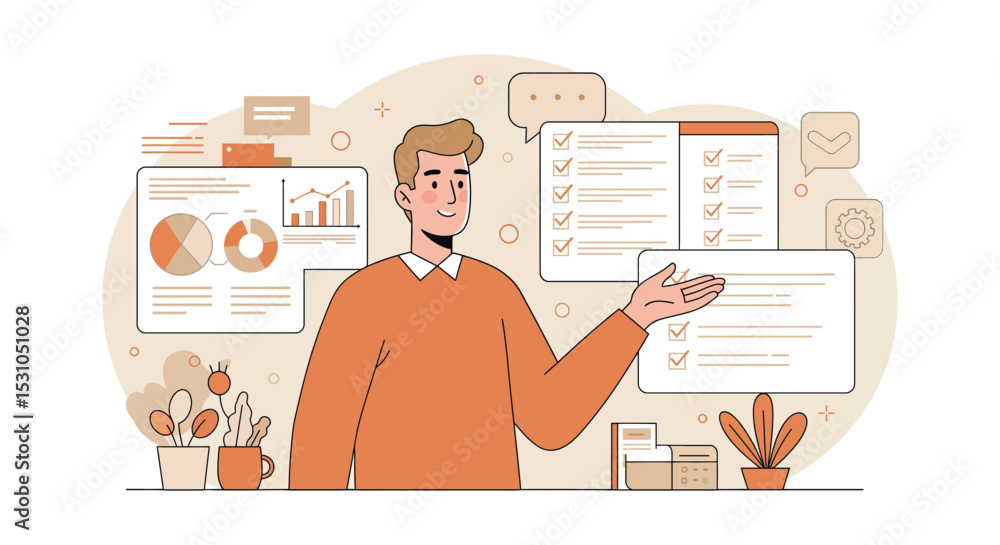 Poster young professional presenting data visualization and task management concepts for effective planning