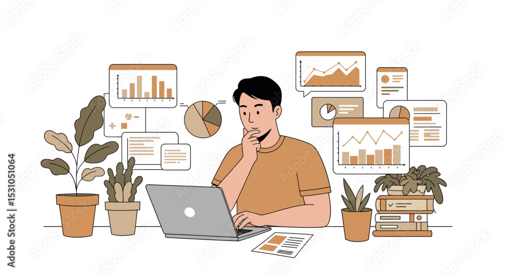 Poster business analysis and data visualization with laptop in office setting vector illustration