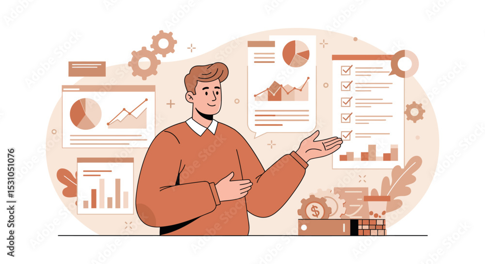 Aufkleber business presentation and data analysis concept with charts and graphs for financial strategy vector