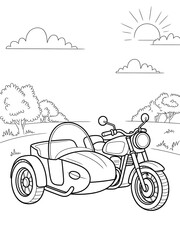 Black and White Line Art Cartoon Motorcycle with Sidecar in a Sunny Landscape Kids Coloring Page image