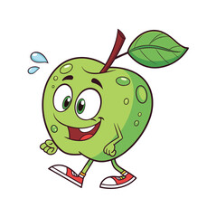 Cute green Apple cartoon vector with big glossy green eyes, cheerful smile, leaf, Perfect For Comic, Print of demand, Tshirt design, Fruit Theme, logos, healthy lifestyle graphics.