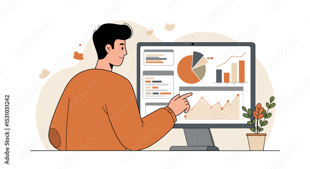 Aufkleber business analyst reviewing data on monitor with graphs and charts for financial planning vector illu
