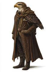 Fototapeta premium Eagle Humanoid in a Brown Coat. A humanoid eagle wearing a long coat, dressed for a fantasy adventure, perfect for a t-shirt design.