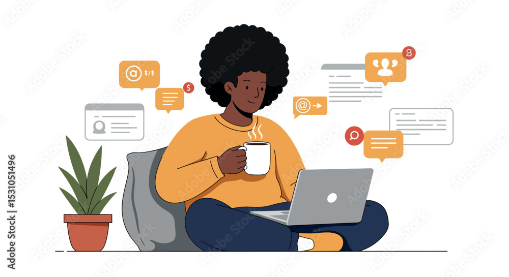 Poster cozy online communication and social networking concept with relaxed home setting vector illustratio