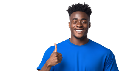 A man in a blue shirt smiling and giving a thumbs-up gesture, isolated on a white background.