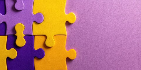 Colorful puzzle pieces arranged on a purple background