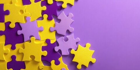 Purple and yellow puzzle pieces arranged on a vibrant purple background