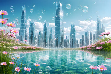 Futuristic Eco City with Flowers, Water and Bubbles