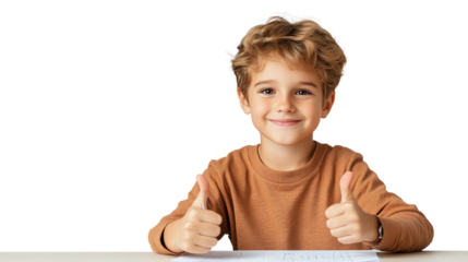 Cheerful boy giving thumbs up, smiling brightly at the camera, isolated on a white background, showcasing joy and positivity.