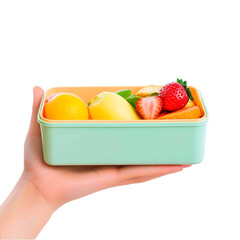 Hand holding a pastel colored lunchbox filled with fresh fruit including strawberries, oranges, and lemon on a black background.