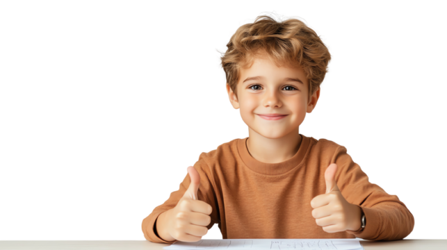 Cheerful boy giving thumbs up, smiling brightly at the camera, isolated on a white background, showcasing joy and positivity. - Powered by Adobe