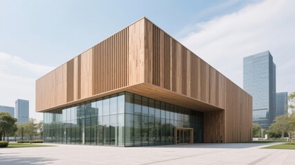 Modern building with wooden facade and glass walls, set against an urban backdrop.