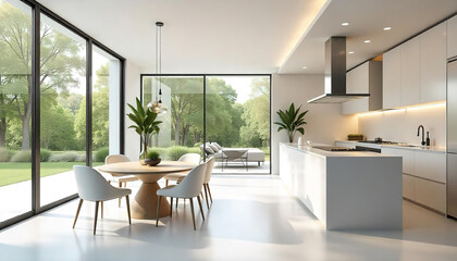 Fototapeta premium Contemporary kitchen-diner with a round dining table positioned near floor-to-ceiling windows with panoramic views of the park.