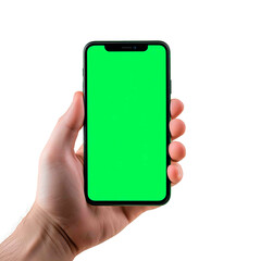 Person holding smartphone with green screen, isolated on black backdrop. Modern technology and mobile communication representation.