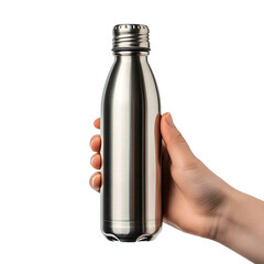 A hand is holding a stainless steel reusable water bottle against a solid black background, promoting sustainability and hydration.