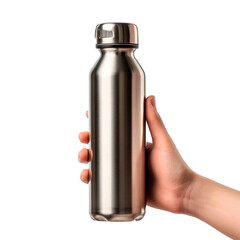 Hand holding a sleek, brushed metal reusable water bottle against a solid black background, promoting sustainability and hydration.