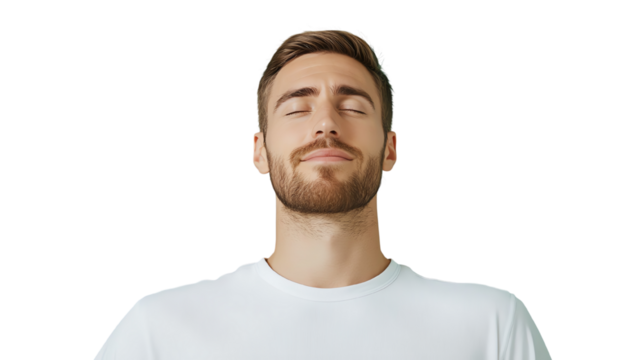 Relaxed young man with a beard, eyes closed, enjoying tranquility on a white background.