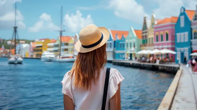 Back view of tourist woman visiting Willemstad, Cura&ccedil;ao, Lesser Antilles in Caribbean Sea
