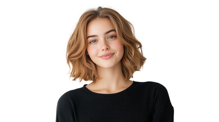 Obraz premium Smiling young woman with wavy hair, wearing a black shirt, on a white isolated background