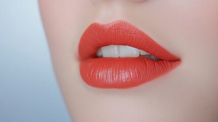 Obraz premium Bold matte red lips showcasing intricate texture and fine details, minimalist high-fashion aesthetic with a clean white background.