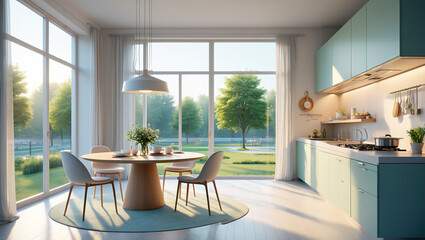 Fototapeta premium Contemporary kitchen-diner with a round dining table positioned near floor-to-ceiling windows with panoramic views of the park.