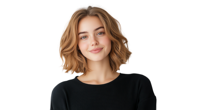 Smiling young woman with wavy hair, wearing a black shirt, on a white isolated background