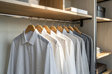 Obraz premium Neatly Organized Shirts Hanging on Wooden Hangers in Wardrobe
