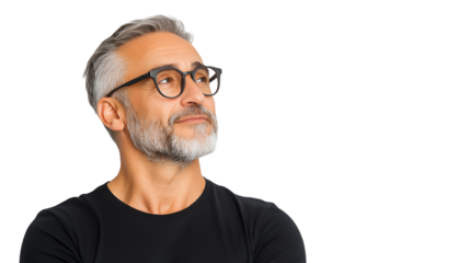 Thoughtful mature man with glasses, gazing upwards, isolated on a white background.