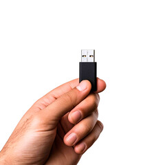 Close-up shot of a hand holding a compact USB drive against a dark background, showcasing its portability and sleek design. Data storage at fingertips.