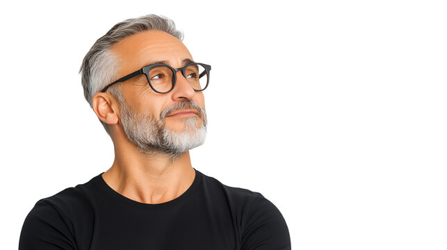 Thoughtful mature man with glasses, gazing upwards, isolated on a white background.