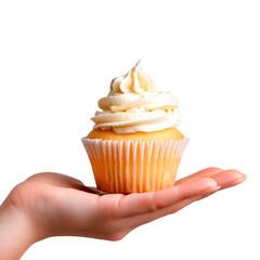 A creamy frosted cupcake held in a human hand against a black backdrop, showcasing a sweet treat ready to be enjoyed, bakery concept.